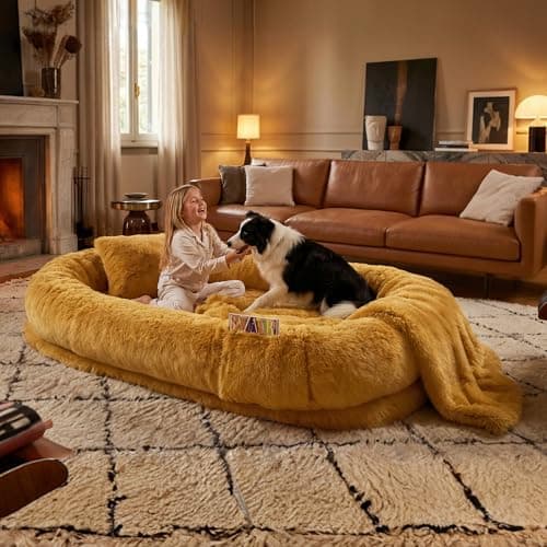Human Dog Bed, Oversized Plush Lounger Bed with Plump Pillow and Blanket, 71" x 45" x 12" Long Plush Polyester Floor Nest for Relaxing, Napping, Reading, and Family Cuddle Time - Pumpkin Orange - Image 1