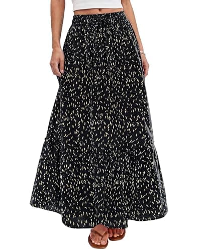 BTFBM Womens Boho Maxi Skirt 2026 Summer Floral High Waisted Flowy Tiered Long Spring Beach Vacation Skirts Pockets(Black, Large) - Image 1