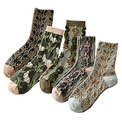MTKAEWU 5 Pack Cute Womens Floral Socks, Vintage Embroidered Frilly Floral Socks, Kawaii Girly Ankle Cotton Cottagecore Sock - Image 1