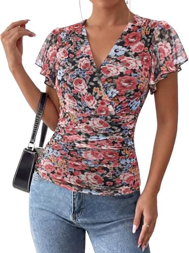 GRACE KARIN 2026 Womens Mesh Tops Summer Ruffle Sleeve Dressy Casual Top Floral Wrap Blouse Fashion Outfits Floral M - Image 1