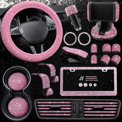 Pink Car Accessories Set, 27 Pieces – Bling Car Accessories for Interior Styling with Rhinestone Details for Daily Use, Universal Fit Kit for Steering Wheel, Vents, Mirror Area, Great Gift for Women - Image 1