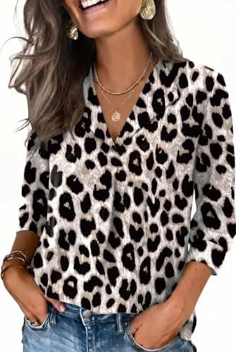 WIHOLL 3/4 Length Sleeve Womens Tops 2026 Dressy Casual Ladies Blouses Summer Spring Trendy Business Outfits Leopard Cheetah Print Shirts Beach Vacation Clothing M - Image 1