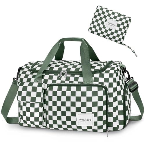 WOOMADA Foldable Travel Duffel Bag for Women, Weekender Bags with Shoes Compartment,Overnight Bag with Wet Pocket & Trolley Sleeve(green checkerboard) - Image 1