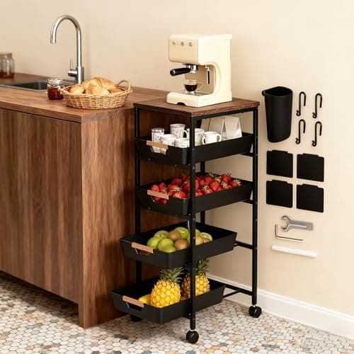 Aukivon Fruit Vegetable Cart for Kitchen, 5-Tier Storage Cart on Wheels with Wood Top, Pull Out Drawers, Rolling Storage Cart for Bedroom, Bathroom, Includes Hanging Box, Hooks and Labels, Black - Image 1