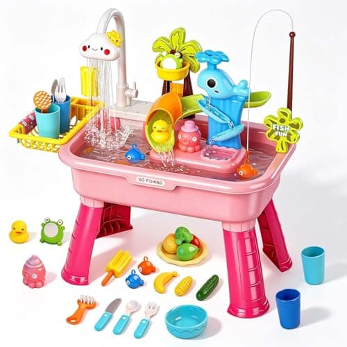 2026 Upgraded Water Table for Toddlers 1-3, Outdoor Water Play Table for Kids Ages 4-8 with Pump, Toddler Water Table, Play Sink with Running Water, Kitchen Sink Toy, Fishing Game, Sensory Table, Pink