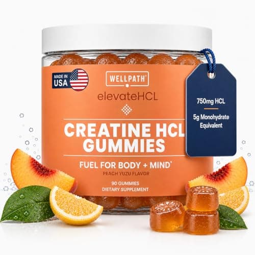 WellPath Creatine HCl Gummies 750mg – Chewable Creatine Gummies for Women and Men – 5g Monohydrate Equivalent - Peach Yuzu Tart Flavor, Real Sugar - Cognitive & Performance Support – Non-GMO, 90ct - Image 1