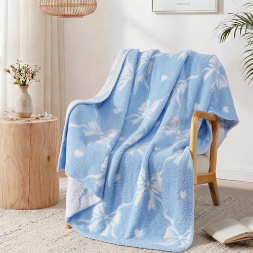 WRENSONGE Blue Bow Throw Blanket Soft Cozy Fluffy Warm Throw for Couch Sofa Bed Camping Picnic Travel Lightweight - 50"*60" - Image 1