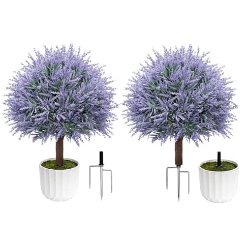 LuceAlberi 25.6" Artificial Lavender Topiary Ball with Pots, Rust-Proof Coated Metal Ground Spikes, UV-Resistant & Fade-Proof Faux Shrub for Porch, Indoor, Outdoor & Pathway Decor (2 Pcs) - Image 1