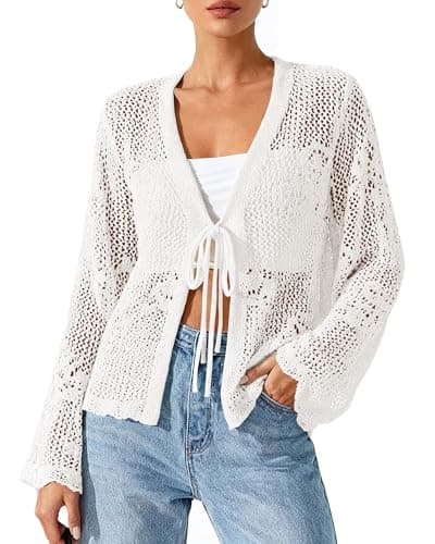 BTFBM Summer Cardigans for Women Lightweight 2026 Spring Crochet Hollow Out Long Sleeve Tie Front Beach Vacation Coverups(White, Large) - Image 1