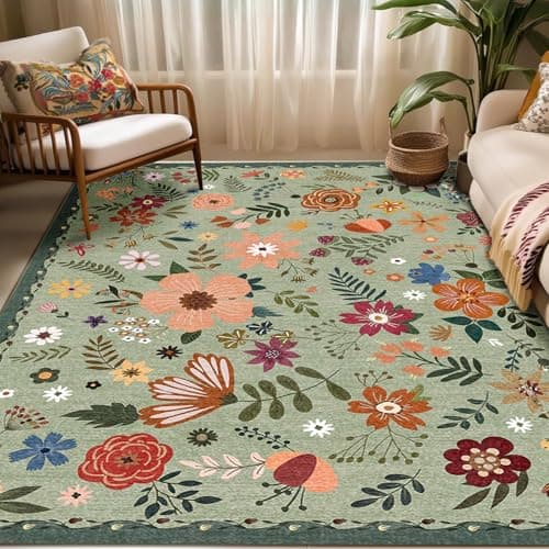 Washable Area Rugs, Floral Rug, Large Carpet for Living Room Bedroom,8'x 10',Grass Green - Image 1