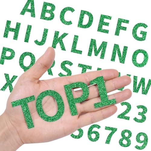 WRTUUED 108 Pieces Iron On Letters for Clothing, 3 Sets Green Glitter Small Heat Transfer Vinyl Letter with A-Z Iron on Numbers 0-9 Alphabet for Fabric Shirts, Jerseys, Bags Designs DIY Crafts - Image 1
