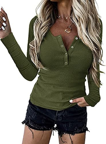BTFBM Women Long Sleeve Shirts Fall Tops V Neck Button Up Henley Shirts Slim Fit Ribbed Knit Spring Casual T-Shirts 2026(Army Green,Large) - Image 1