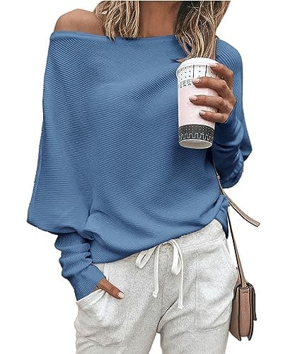 Zenlonr Women's Fall Sweaters 2025 Casual Long Batwing Sleeve Loose Off Shoulder Knit Pullovers Jumper Tops(Blue,Medium) - Image 1