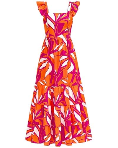 dowerme Summer Dresses for Women 2026 Casual Ruffle Smocked Tiered A-Line Boho Floral Maxi Beach Sun Dress with Pockets(Rose Red Floral,Medium) - Image 1