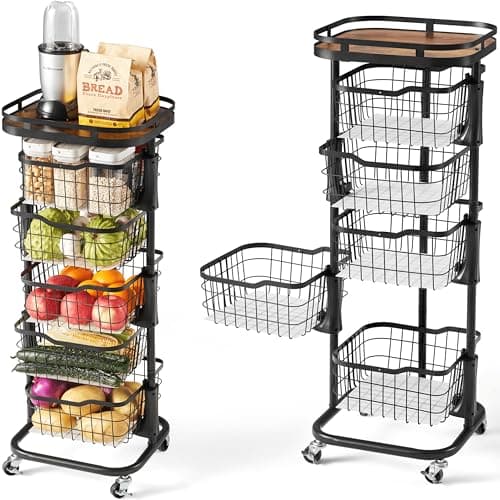 Ocyfym 5 Tier Kitchen Fruit Vegetable Storage Cart with One-Piece Rotating Basket, Pantry Organizer Shelf Rack Floor Stand for Veggie Onion Potato Produce Spice, Rolling Snack Cart on Wheels, Black - Image 1