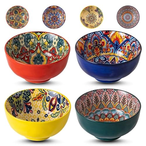 JINNTHE Bohemian Bliss 4.5-Inch Ceramic Bowls, Set of 4 - Colorful Dip Bowls, Salad Bowls, Snack Rice Bowls with Handcrafted Artisan Prints, Dishwasher & Oven Safe - Image 1