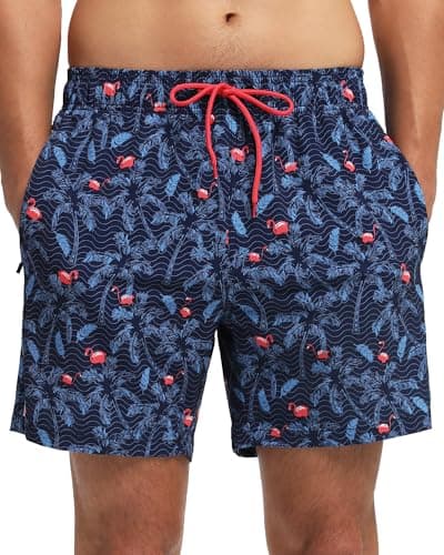 Mens Swim Trunks Compression Liner No Mesh Swimming Trunks Men Swimwear Quick Dry Above Knee Zipper Pocket Swim Shorts - Image 1