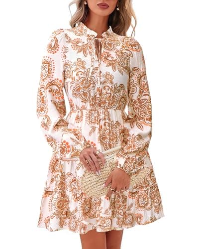 BTFBM Women Fall Dresses 2025 Floral V Neck Long Sleeve Tiered Ruffle Boho Swing Flowy A-Line Mini Dresses Vacation(White Apricot Floral,X-Small) - Image 1