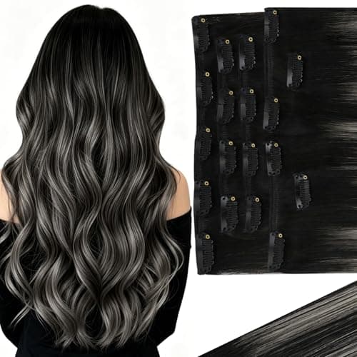 Ve Sunny Black Clip in Hair Extensions Real Human Hair Ombre Remy Hair Clip ins Balayage Clip on Hair Extensions for Women Natural Blend Natural Graying Roots 18 Inch 120g 7pcs - Image 1