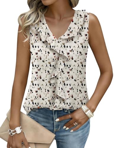 Aprolive Dressy Casual Blouses for Women V Neck Flowy Ruffle Sleeveless Top Summer Cute Ladies Tank Trendy Work Shirts(Brown Floral,Small) - Image 1