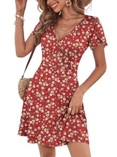 ANRABESS Womens Summer Dresses Short Sleeve Wrap Deep V Neck A-Line Floral Dress Causal Flowy Boho Beach Vacation Sundress Floral Orange Red L - Image 1