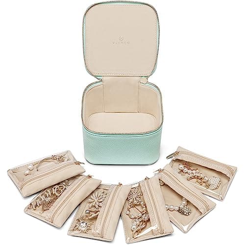Vlando Travel Jewelry Box,Jewelry Travel Case with 6 Velvet Jewelry Zipper Pockets Travel Jewelry Organizer for Ring Bracelet Christmas Wedding Birthday Gifts for Wife Daughter Lake Blue - Image 1