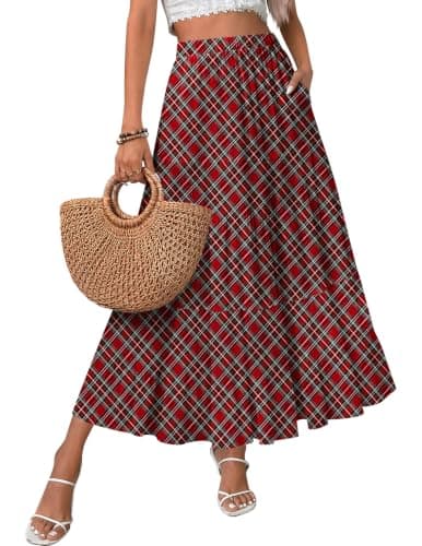 Zeagoo Plaid Skirt Long Skirts for Women Flowy Beach Maxi High Waist A Line Casual Tiered Skirts Red Plaid M - Image 1