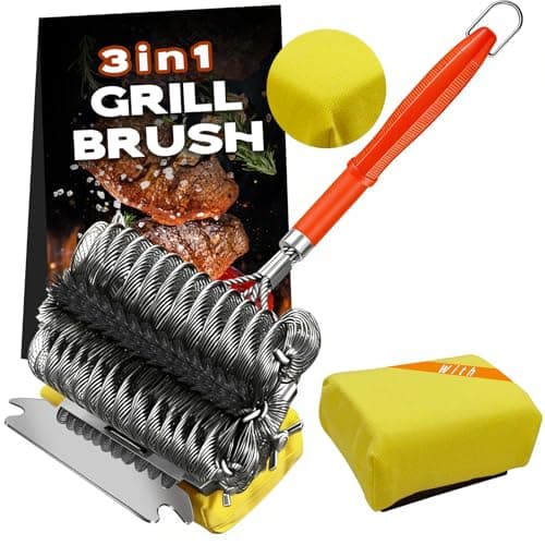 YEBLEM 3-in-1 Grill Brush and Scraper with 2 Sponges, 18" Heavy Duty Stainless Steel Bristle BBQ Cleaner, Heat Resistant Barbecue Grilling Tool, Ideal Outdoor Gift for Men & Dad (Orange) - Image 1