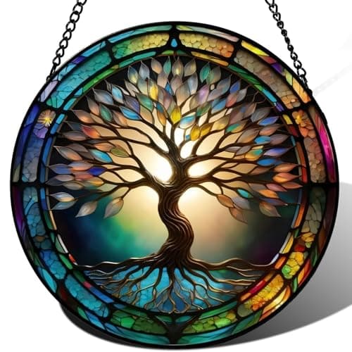 Colorful Tree of Life Suncatcher -7.9 in Stained Glass Window Hanging Catcher Garden Decor