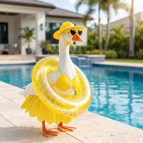 yuboo Hawaiian Porch Goose Outfits, 23'' Summer Bikini Goose Clothes with Swim Ring, Sunglasses, Hat and Skirt, Yellow Goose Statue Outfit for Outdoor Garden Lawn Yard Decor - Image 1