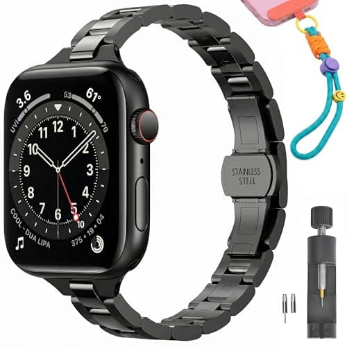 PUGO TOP Luxury Slim Stainless Steel Band Compatible with Apple Watch Series 11 10 9-1 (46/45/44/42/41/40/38mm) & Ultra 3/2/1(49mm), Elegant Jewelry Bracelet for Women, Dressy Business Metal Strap with Butterfly Clasp, Gift Set with Phone Lanyard