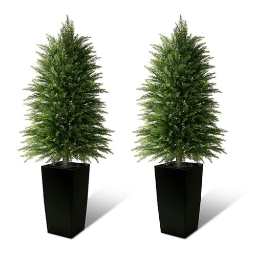 4FT Tall 2 Pack Artificial Cedar Topiary Trees with Full Bushy Columnar Shape, Realistic Faux Cypress in Square Black Pot with Fillable Water Bag, Outdoor Evergreen for Front Porch Garden Home Decor