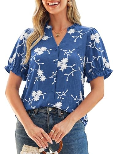Simplee Womens Button Down Puff Ruffle Short Sleeve Blouse Tops V Neck Summer Embroidered Dressy Casual Shirts Blue S - Image 1