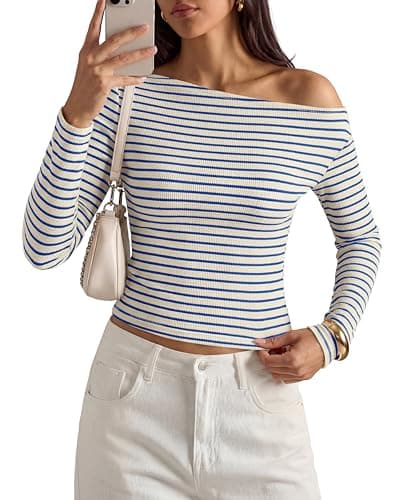 PRETTYGARDEN Womens Tops 2026 Fall Off The Shoulder Long Sleeve Shirts Striped Fitted Y2K T-Shirt Going Out Crop Top(Striped Beige Blue,Medium) - Image 1