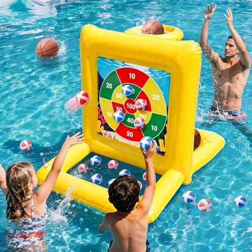 TicTac Shot Pool Toys Games for Kids & Adults, 2-in-1 Pool Basketball Hoop & Dart Target, Family Pool Party Games with Multiple Balls - Yellow