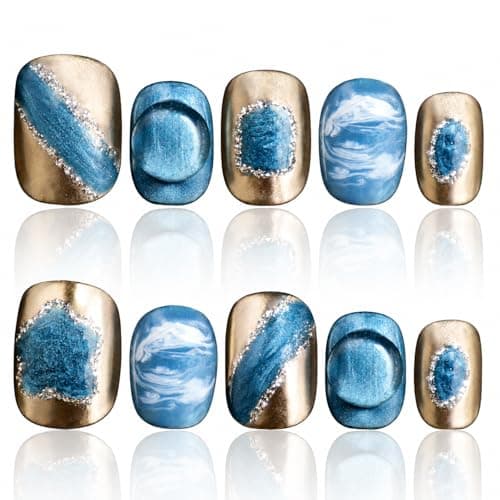Handmade Nails Blue 3D Press On Nails Acrylic Press Ons Short Handmade Natural Nails Durable Press On Nails Ladies Gifts COOLYOUNG False Nails, 10 PCS, Size L - Image 1