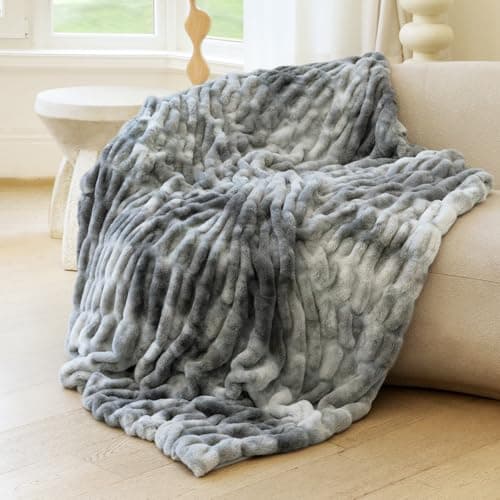 blunique Faux Rabbit Fur Throw Blanket, Ultra Soft Plush Cozy Blanket for Couch Bed, Thick Fluffy Ruched Tie-Dye Decorative Blanket, Giftable, 50"x60",Tie-Dye Gray - Image 1