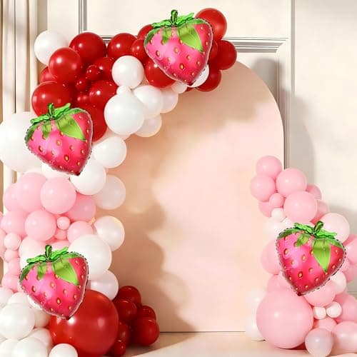 Strawberry Balloon Garland Arch Kit, 143pcs Red Pink and White Balloons with Strawberry Foil Balloons for Sweet Girl Berry First Baby Shower Birthday Party Decorations - Image 1