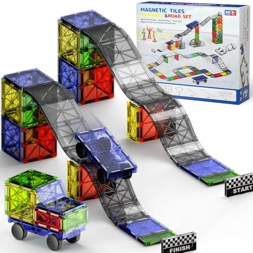 WMXDU 2-in-1 Dynamic Magnetic Downhill & Race Track Set - 40PCS Expandable Magnetic Tiles with Car for Creative STEM Play The Ultimate Travel Toy & Gift for Kids Ages 3-8 (40pcs-Race Set) - Image 1