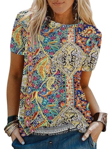 Binshre Graphic Shirts for Women Cowgirl Boho Vintage Printing Tee Dressy Business Casual Outfits Work Blouse Crewneck Short Sleeve Tops - Image 1