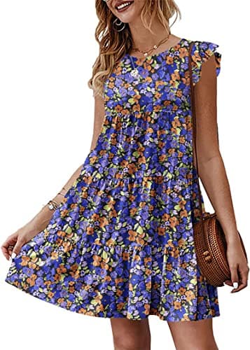 KIRUNDO Beach Vacation Clothes for Women Boho Floral Sleeveless Ruffle Sleeve Round Neck Loose Short Flowy Tiered Pleated Mini Babydoll Dress, Floral3-black Purple, Large - Image 1