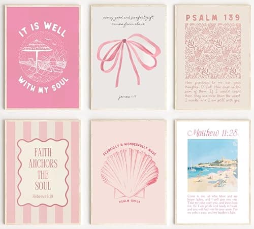 Wavkkey 6Pcs Pink Christian Coastal Wall Art Bible Verse Posters Paintings Pictures Wall Decor Canvas Prints Artwork for Dormitory Girl Room Woman Bedroom Wall Decoration Unframed