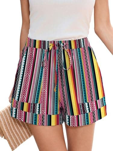 Heymoments Wide Leg Shorts Women Lightweight Color Blocked Stripes Medium High Waisted Flowy DressyLoose Fit Summer Ladies Cute Beach Trousers with Pockets - Image 1