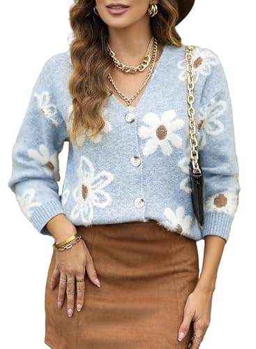 Dokotoo Womens Sweaters Floral Sexy V Neck Shrug Sweater Long Sleeve Soft Cute Open Front Ladies Cardigan Stylish Beau Blue Fall Oversized Fuzzy Sweater Button Down Tops XX-Large - Image 1