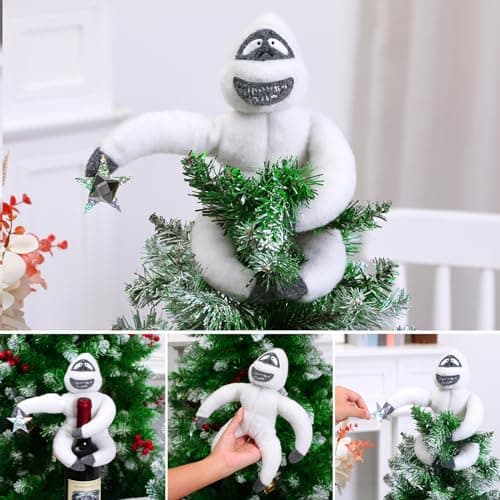 Christmas Tree Topper Abominable Snow Monster Ornament, Poseable Handmade Abominable Chimpanzees Hugger with Star, Can be Hung Snowman Tree Topper Xmas Decorations (White) - Image 1