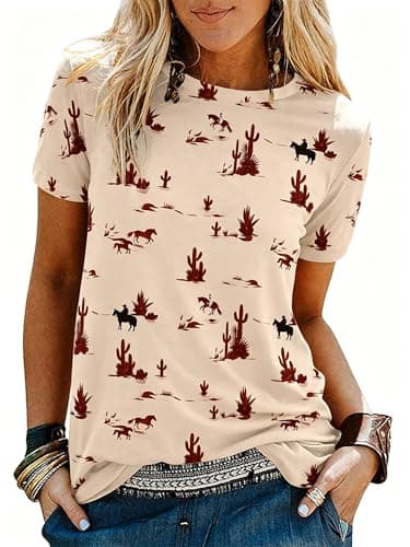 Women's Western Graphic Tees Summer Short Sleeve Rodeo T Shirts Crew Neck Casual Cute Cowgirl Tops Outfits Khaki - Image 1