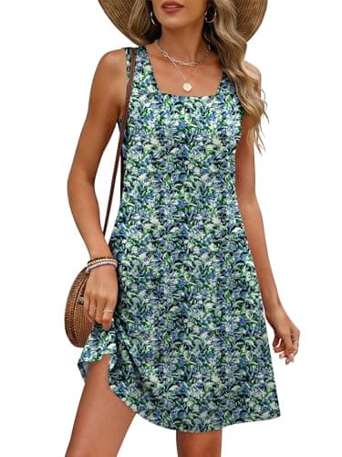 ANRABESS Womens Summer Tank Dress Square Neck Sleeveless Mini Sundress with Pocket 2026 Casual Floral Beach Vacation Outfits Floral Blue Green X-Large - Image 1