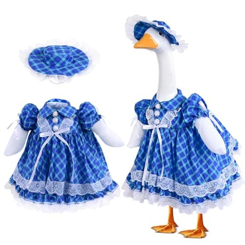 Sukione Blue Plaid Porch Goose Outfits, Spring Summer Lawn Goose Clothes for 23" Cement Goose Statue, Cute Lace Dress with Hat for Outdoor Garden Patio Yard Art Decorations - Image 1