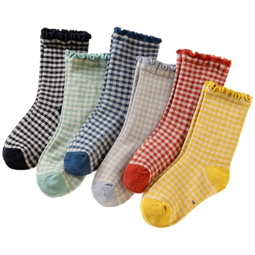 SeeyAN Girls Ruffle Socks Frilly Kids Crew Dress Cotton Soft Cute Toddler Socks 6 Pairs (6 Pairs Grid, 6-8 Years) - Image 1