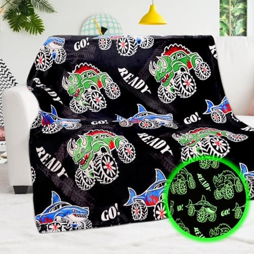 BORORO Truck Cars Blanket Gifts for Boys, Construction Excavator Toys for Kids Toddlers, Luminous Black Soft Kids Fleece Throws for Bed Couch Room Decor, Glow in the Dark Blankets for Boys 50"x60" - Image 1